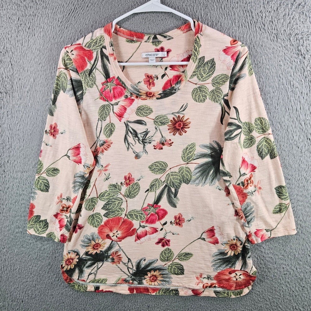 Chicos Floral Slub Knit Top Peach Red 3/4 Sleeve Scoop Neck Size 1 M